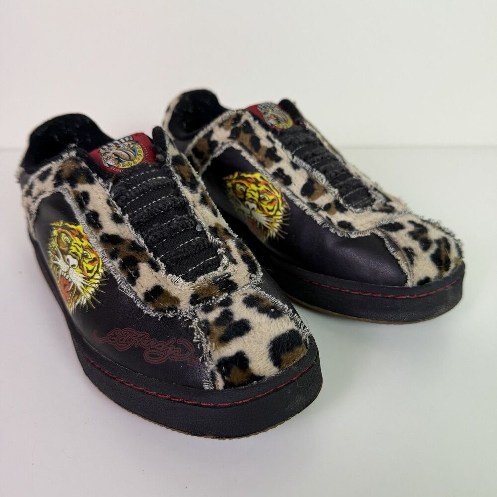 Vintage Y2K Ed Hardy Furry Leopard Tiger Sneakers Women's 6 Black Platform Shoes